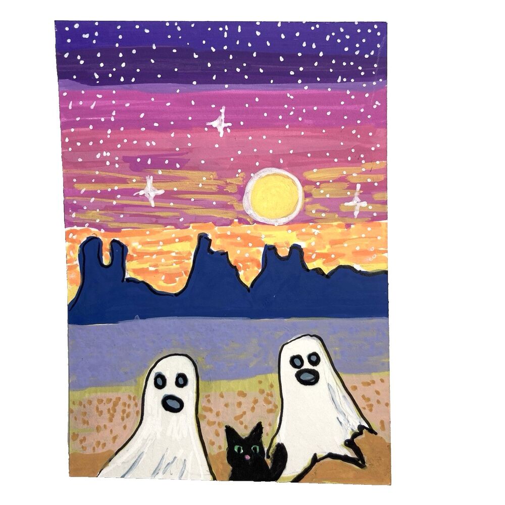 ACEO Original Art Ghost Black Cat Acrylic Painting Southwest Landscape Selfie